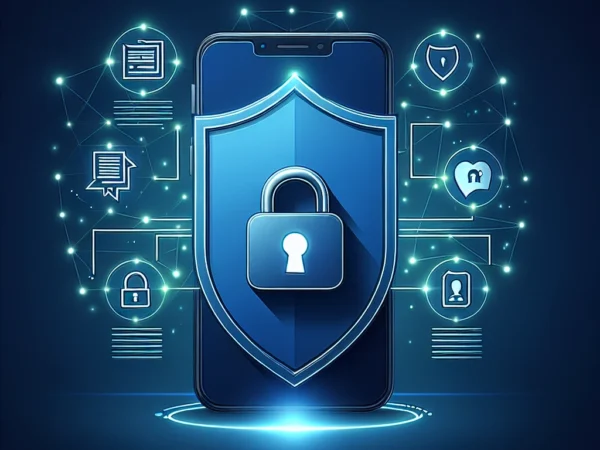 "Imagen de una pantalla de smartphone mostrando una aplicación de mensajería con cifrado de extremo a extremo, destacando características de seguridad para proteger las comunicaciones personales."