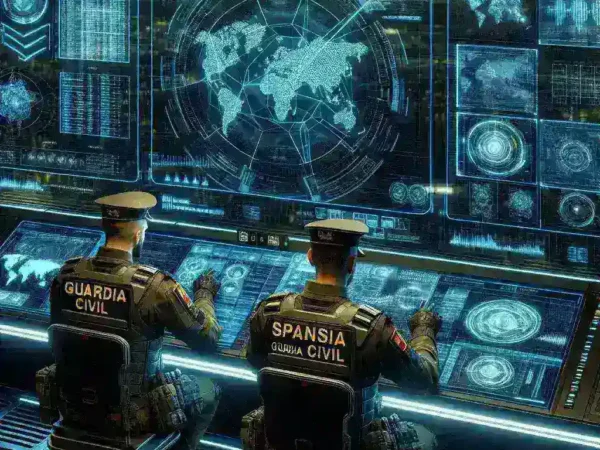 "Logo de La Guardia Civil junto a una representación gráfica del nuevo software de análisis de ciberataques en tiempo real, utilizado para mejorar la ciberseguridad en España."