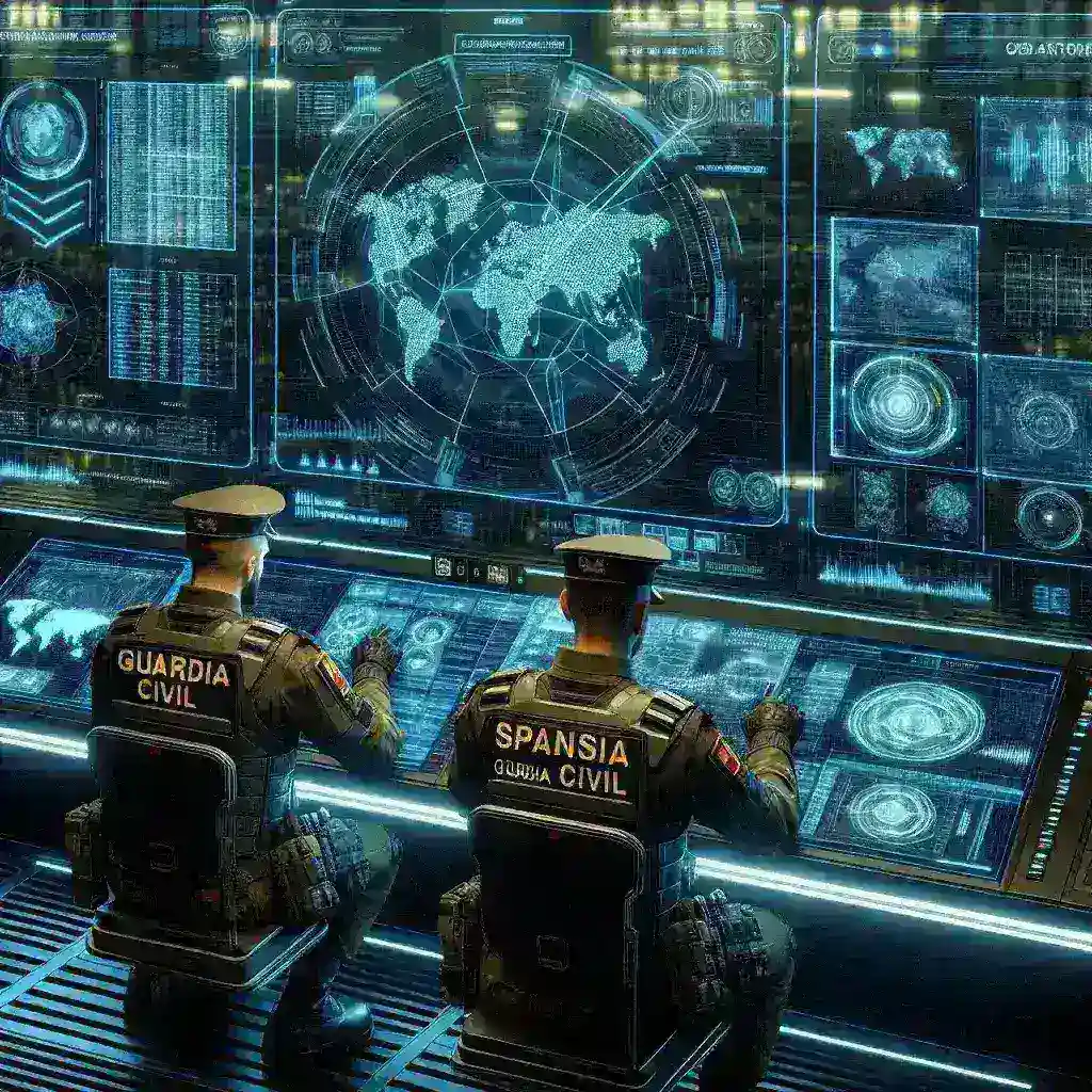 "Logo de La Guardia Civil junto a una representación gráfica del nuevo software de análisis de ciberataques en tiempo real, utilizado para mejorar la ciberseguridad en España."