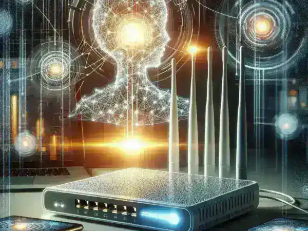 "Router de Movistar con inteligencia artificial, diseñado para optimizar la conexión a Internet, presentado en evento tecnológico."