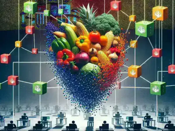 "Imagen que muestra un sistema de blockchain utilizado por empresas españolas para la trazabilidad alimentaria, destacando la tecnología moderna en la industria alimentaria."